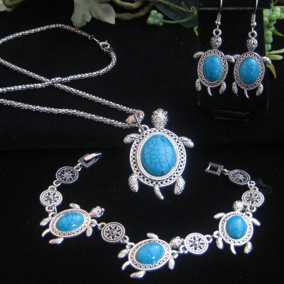 Turtle Pendant Necklace, Bracelet & Earrings faux turquoise silvertone setting - Picture 2 of 4